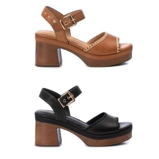 162207 Spanish leather strappy sandals in block heel platform in Tan and Black sandals Sam Star Shoes