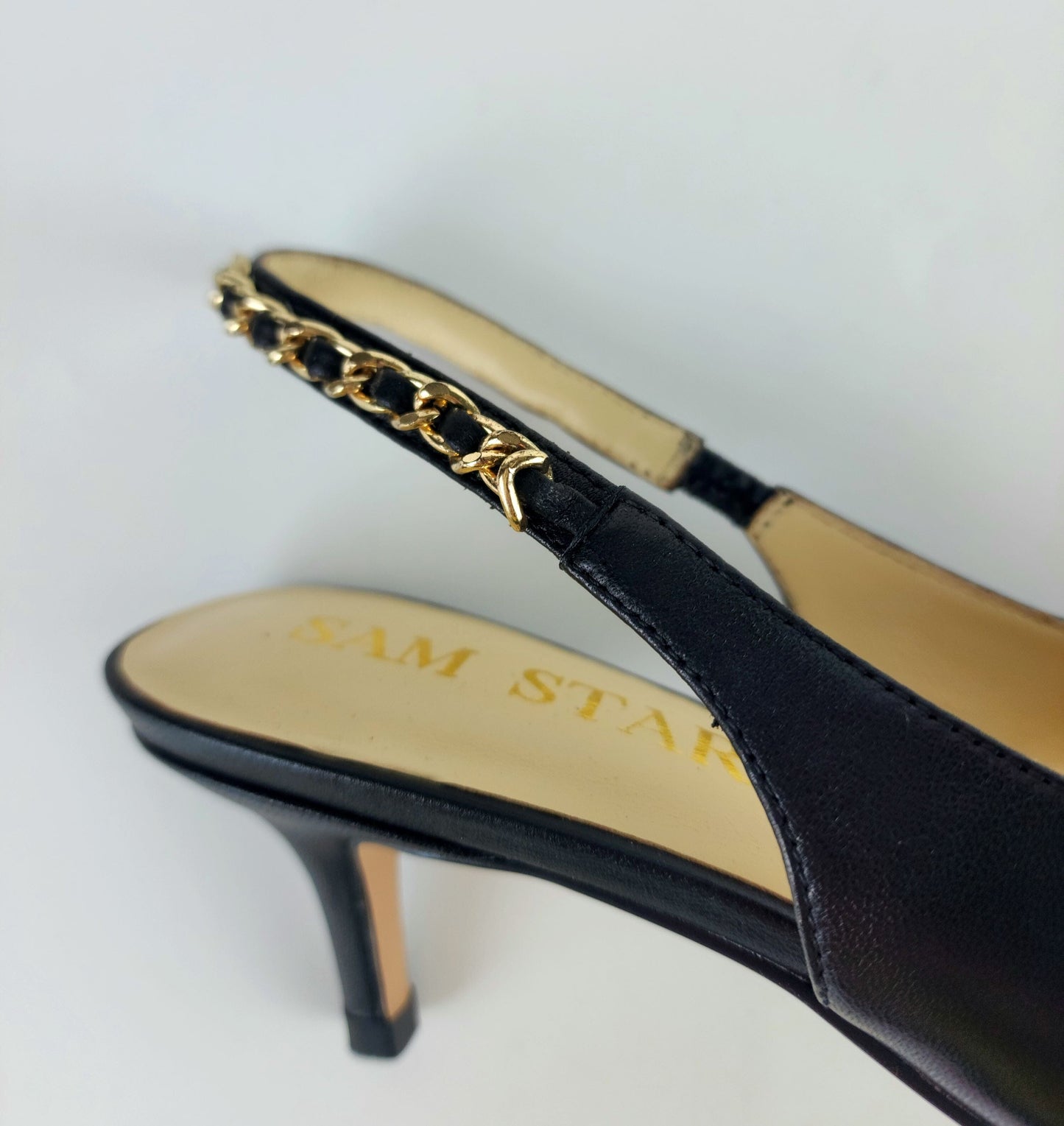 SS24002 Leather court shoes sling back with chain detail - Black ladies shoes Sam Star shoes