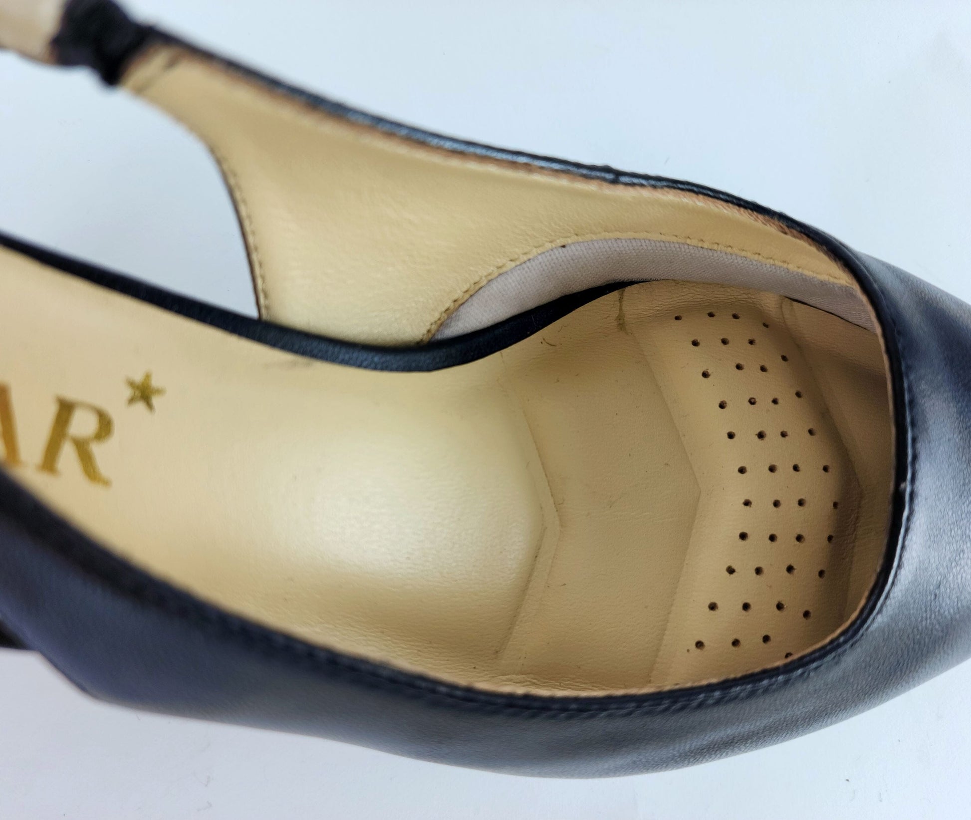 SS24002 Leather court shoes sling back with chain detail - Black ladies shoes Sam Star shoes