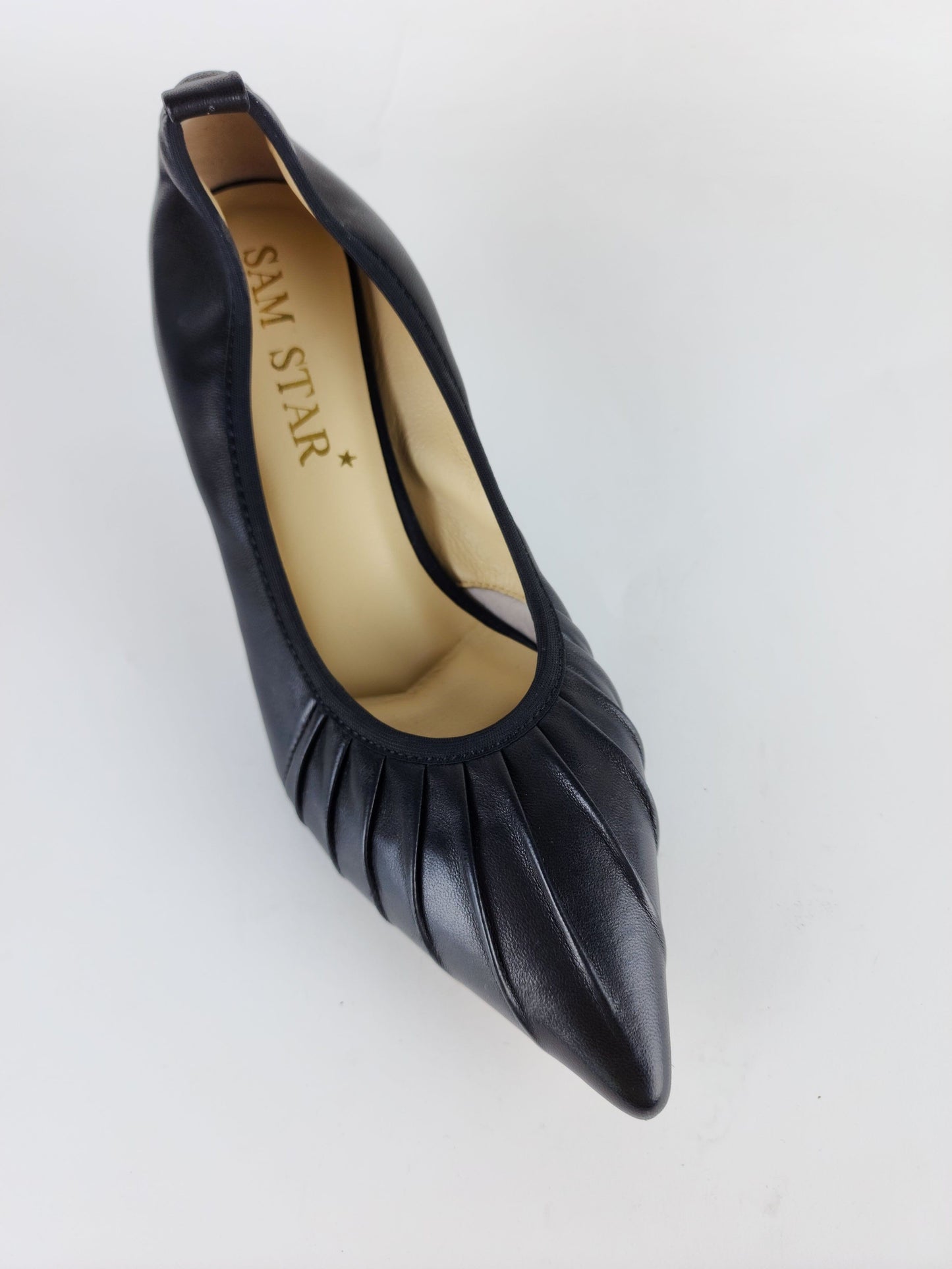 SS24003 Leather court shoes with gathering detail with elastic in Black ladies shoes Sam Star shoes