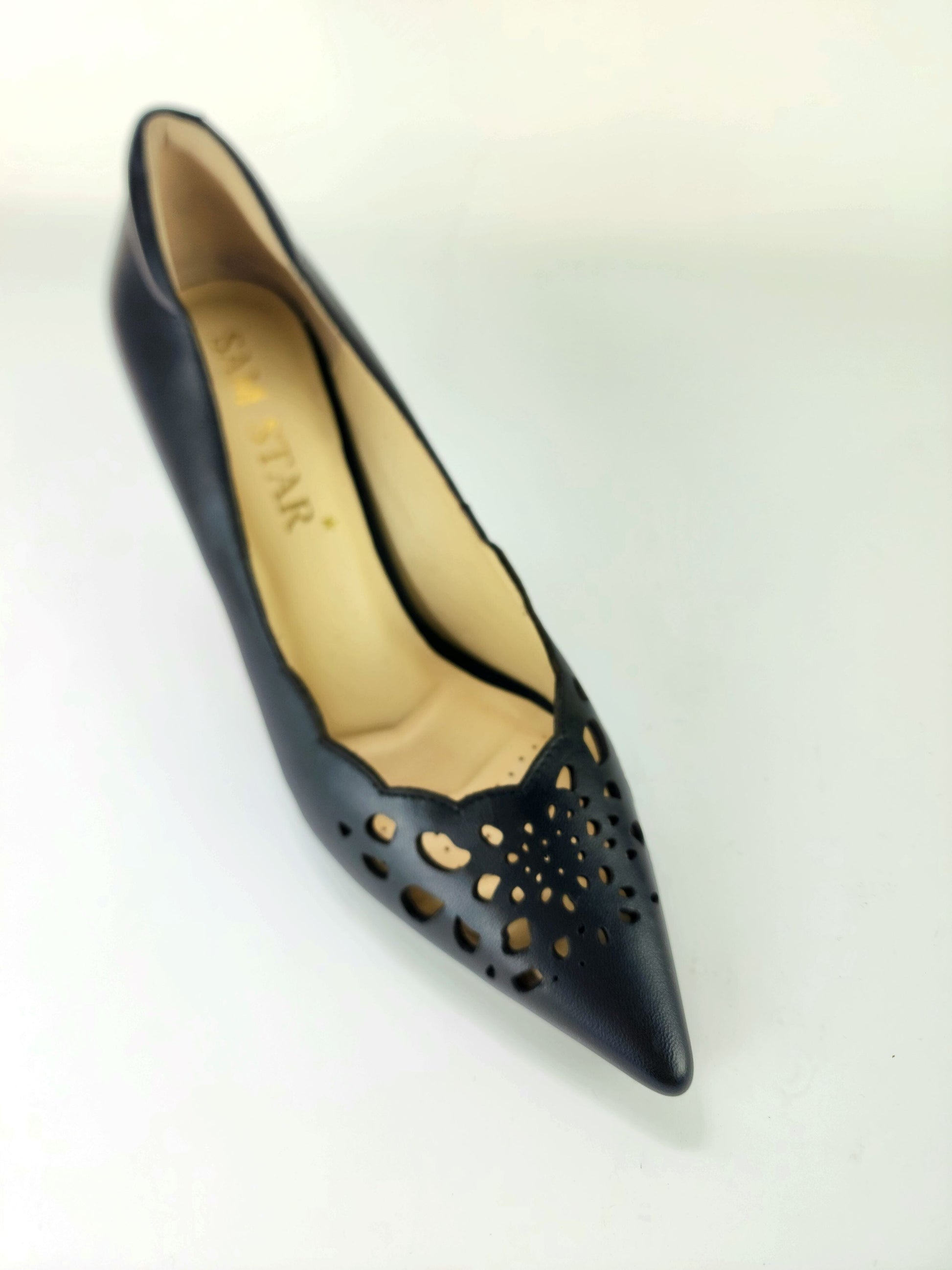 SS23008 Laser Cut Leather Court Shoes with extra cushion in Black ladies shoes Sam Star Shoes