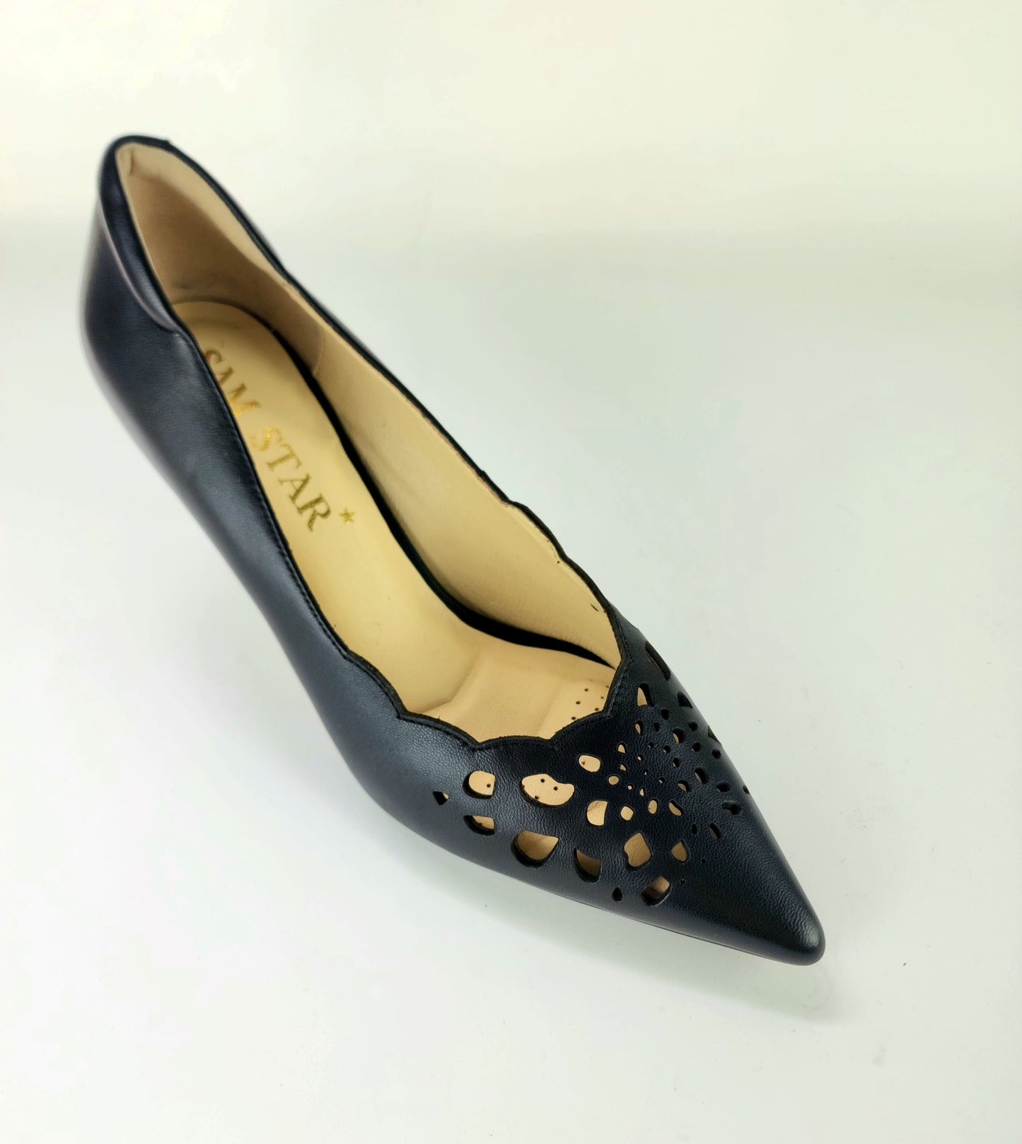 SS23008 Laser Cut Leather Court Shoes with extra cushion in Black ladies shoes Sam Star Shoes