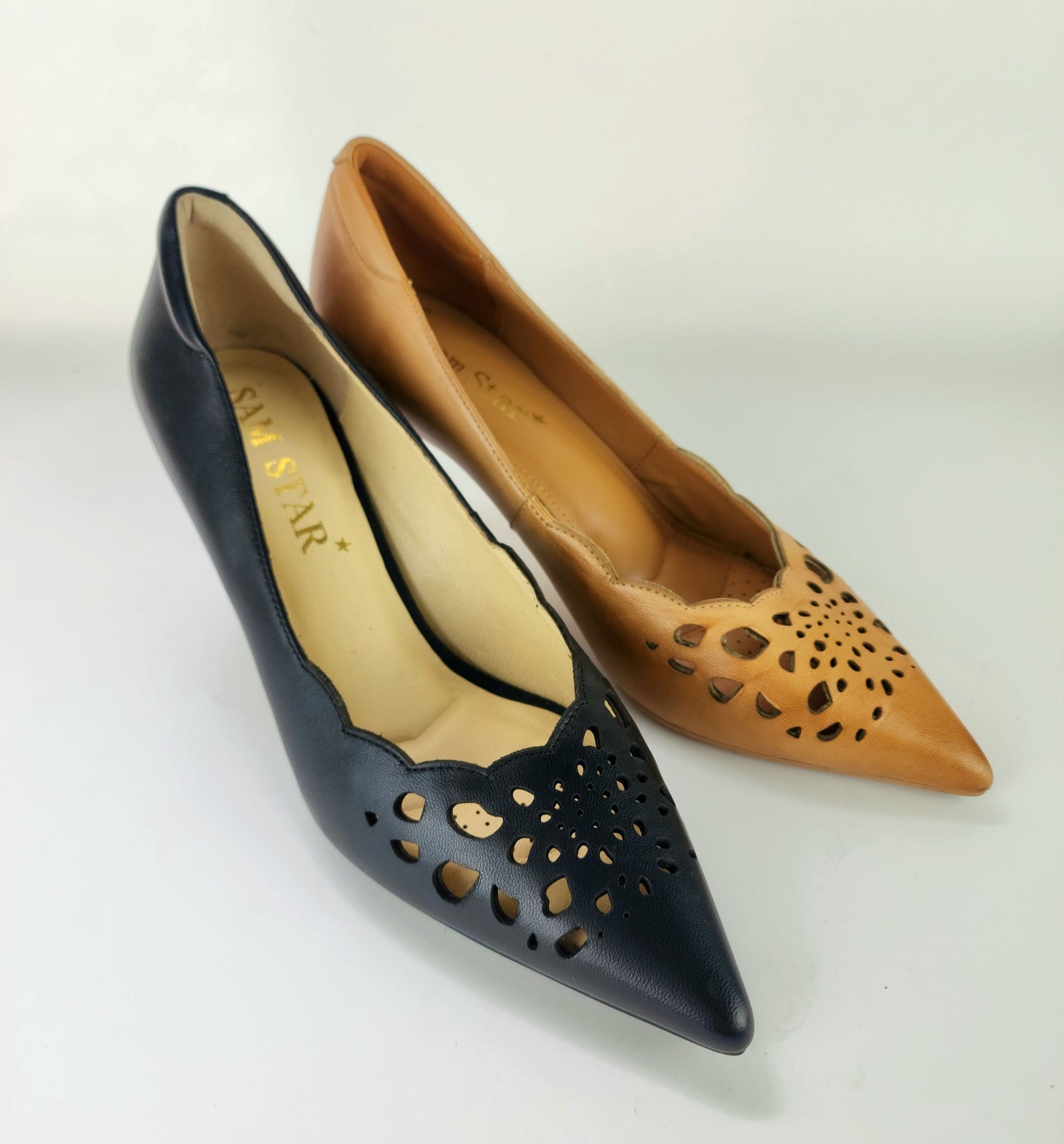 SS23008 Laser Cut Leather Court Shoes with extra cushion in Black ladies shoes Sam Star Shoes