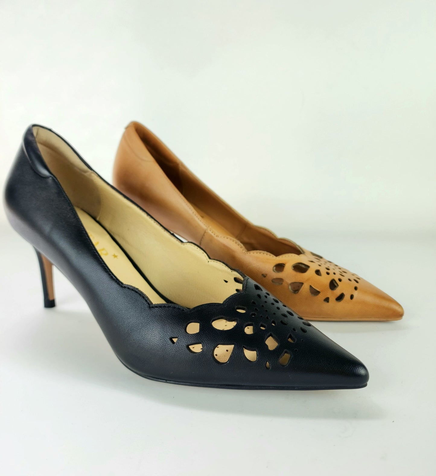 SS23008 Laser Cut Leather Court Shoes with extra cushion in Black ladies shoes Sam Star Shoes