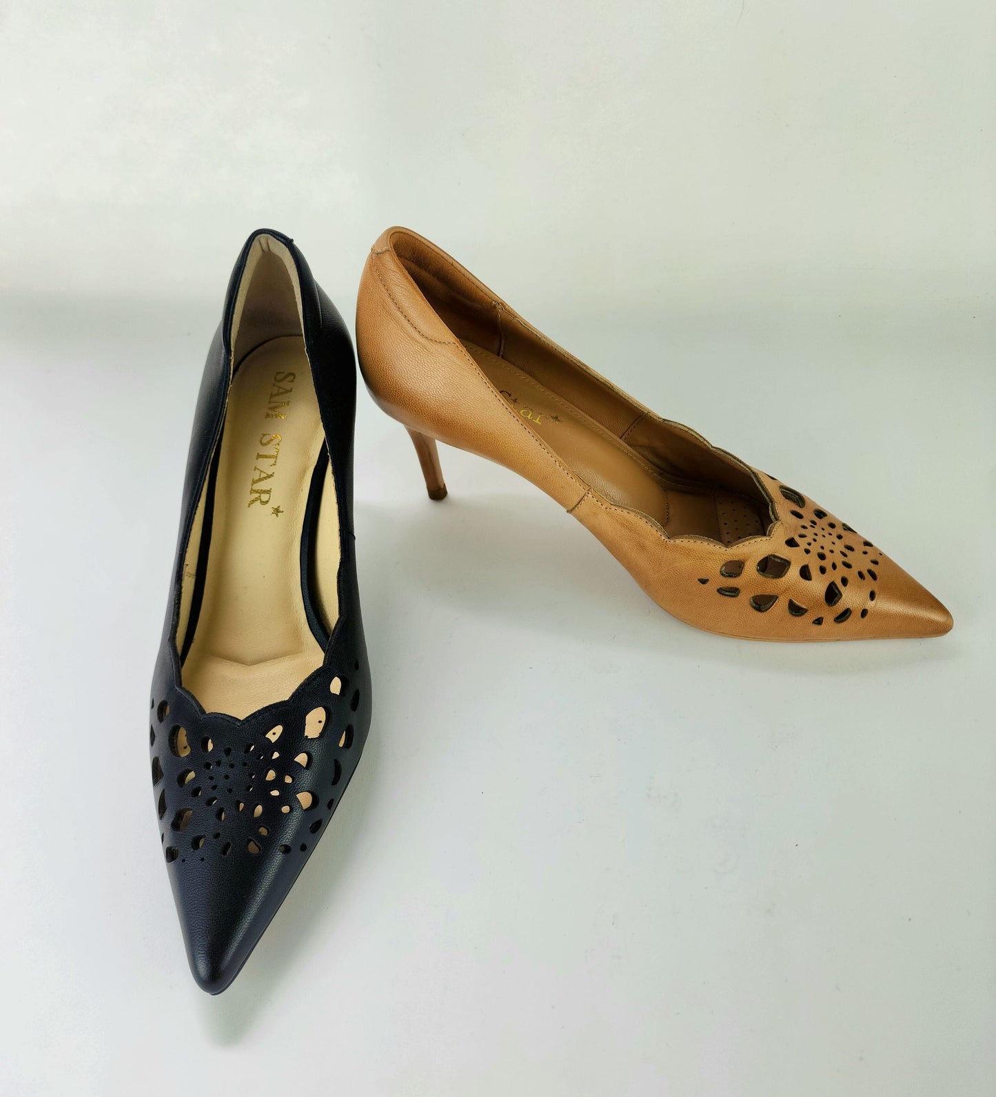 SS23008 Laser Cut Leather Court Shoes with extra cushion in Black ladies shoes Sam Star Shoes