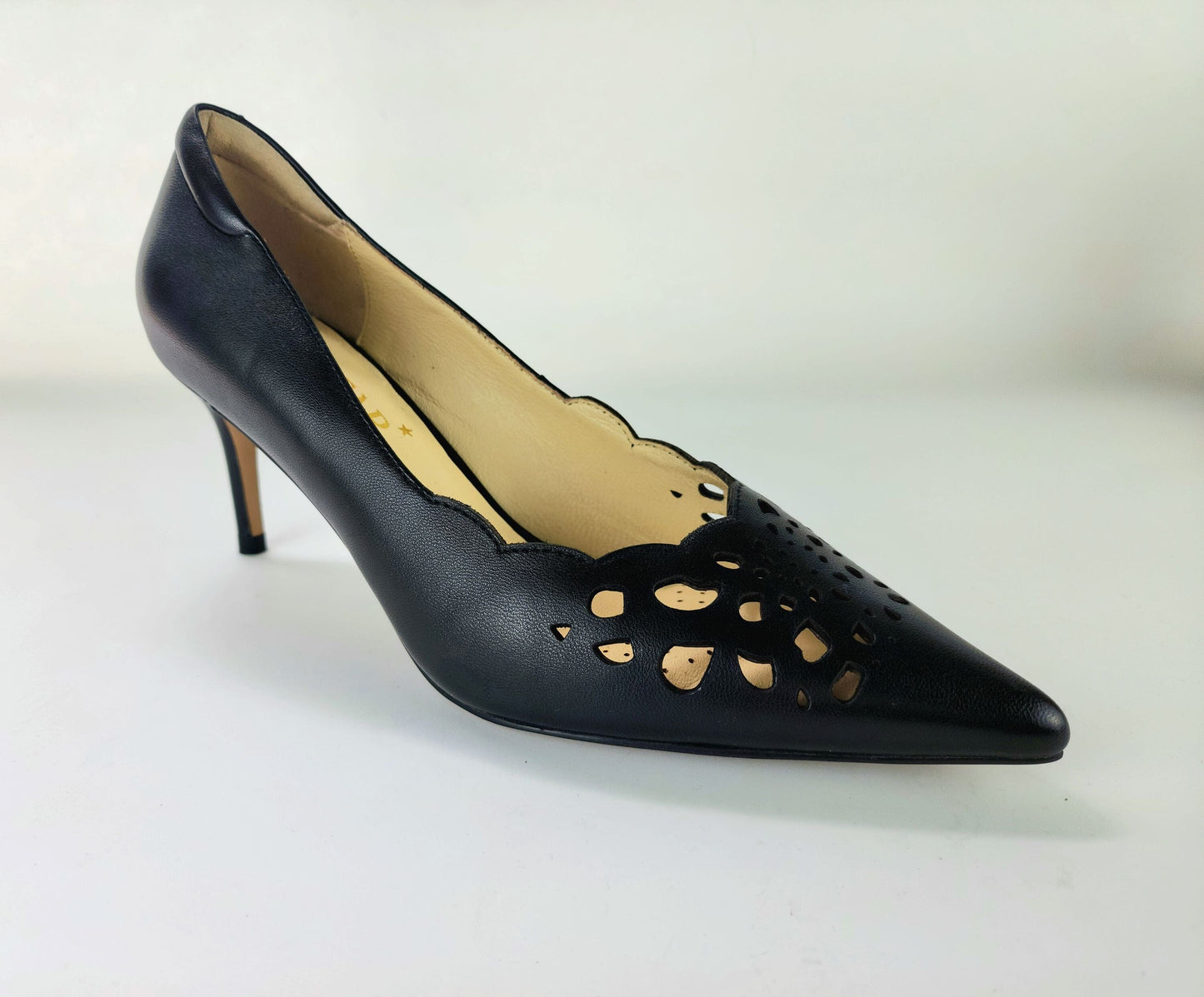 SS23008 Laser Cut Leather Court Shoes with extra cushion in Black ladies shoes Sam Star Shoes