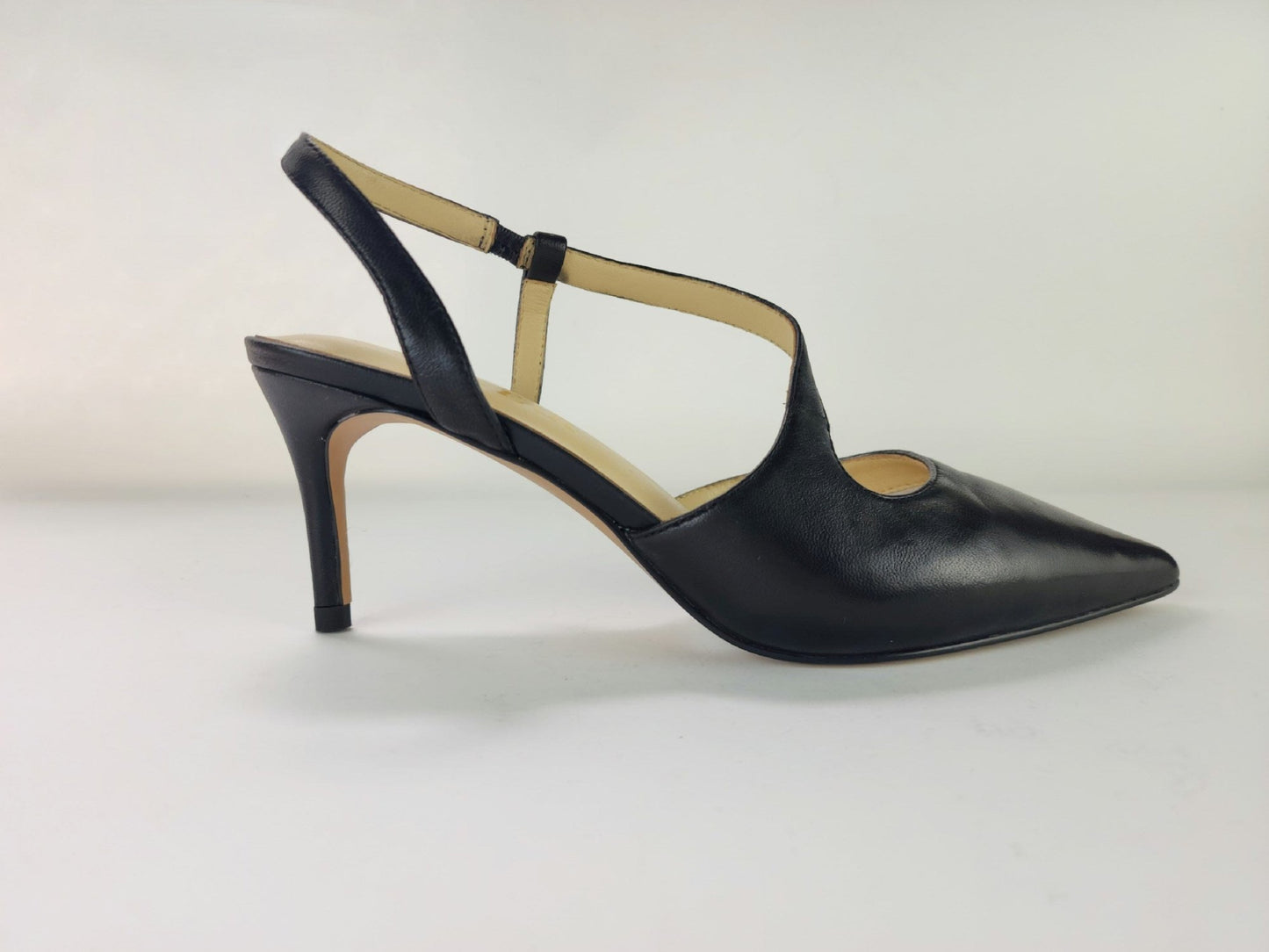 SS24004 Leather court shoes in sling back heel in Black and silver ladies shoes Sam Star shoes