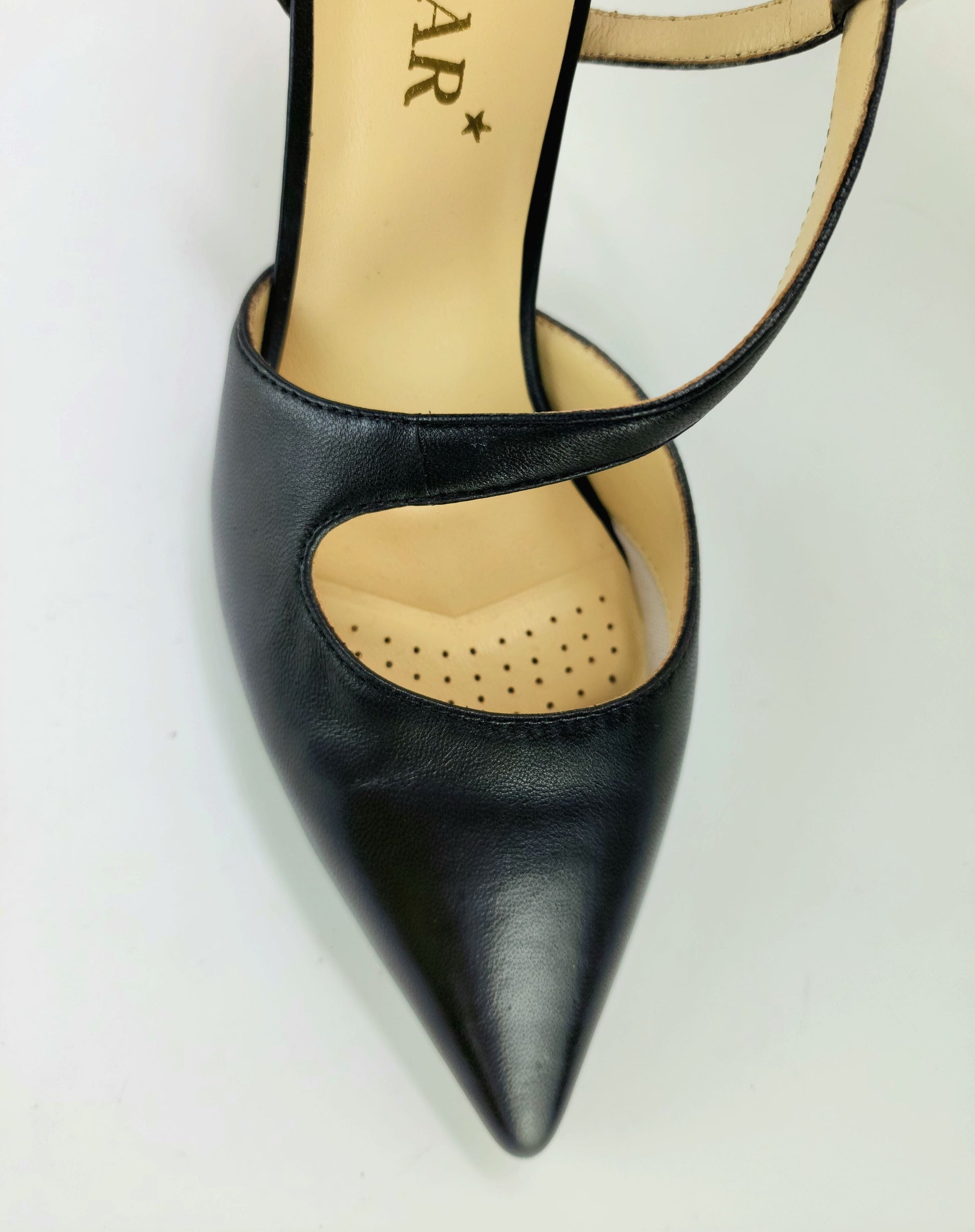 SS24004 Leather court shoes in sling back heel in Black and silver ladies shoes Sam Star shoes