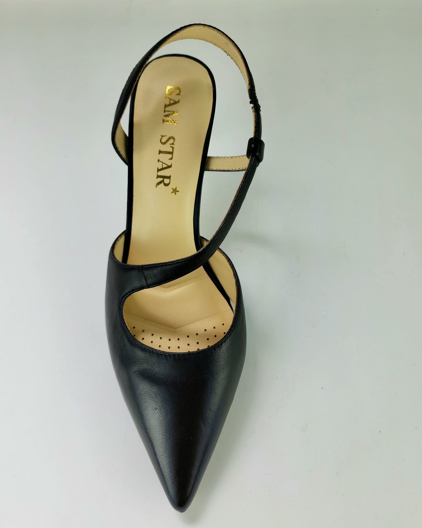 SS24004 Leather court shoes in sling back heel in Black and silver ladies shoes Sam Star shoes