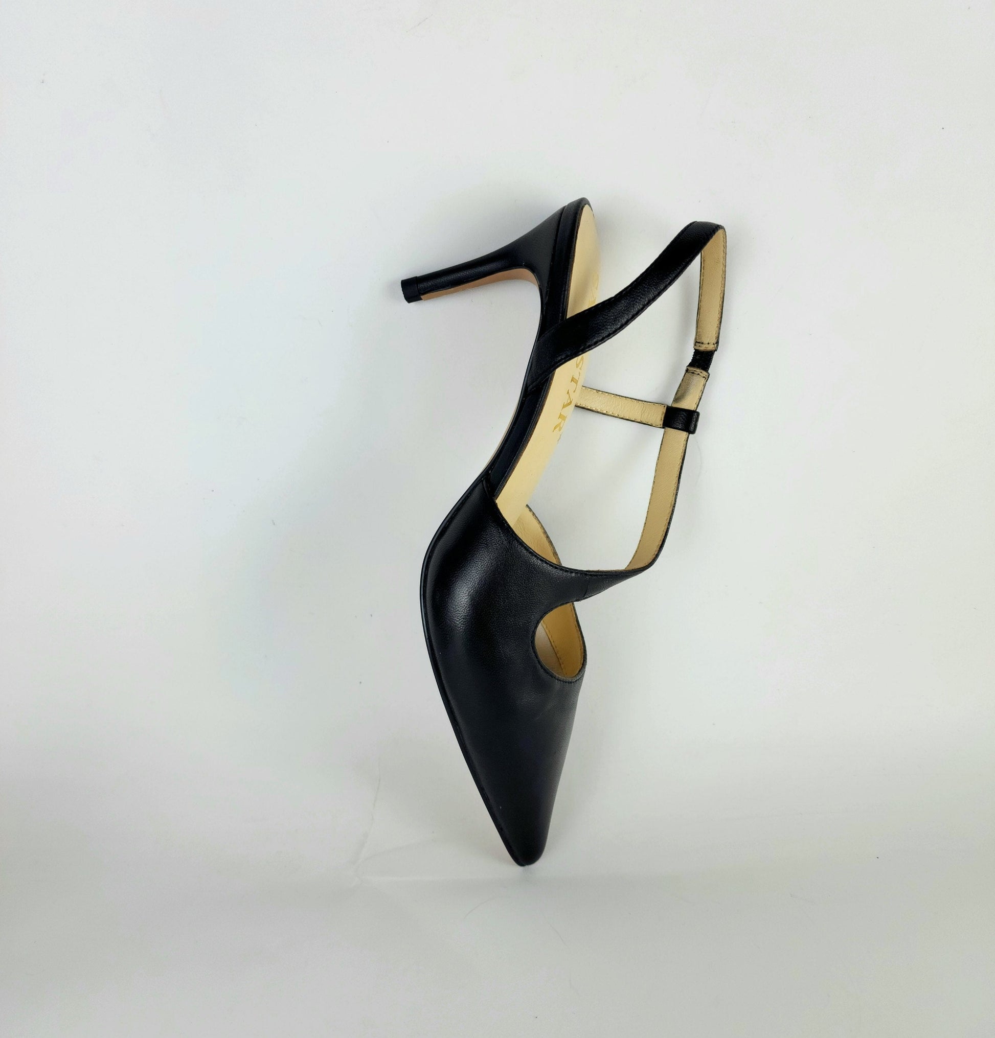 SS24004 Leather court shoes in sling back heel in Black and silver ladies shoes Sam Star shoes