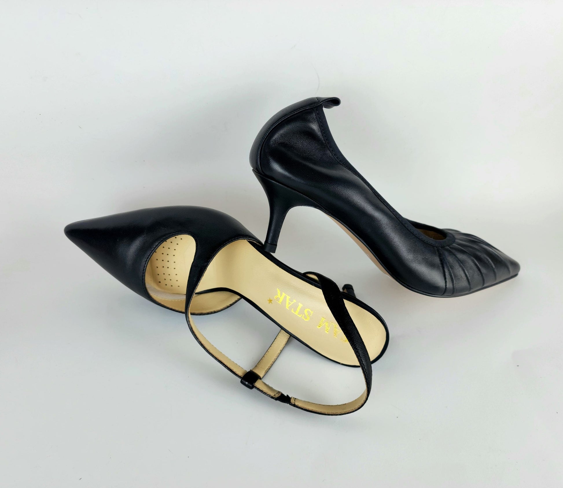 SS24004 Leather court shoes in sling back heel in Black and silver ladies shoes Sam Star shoes