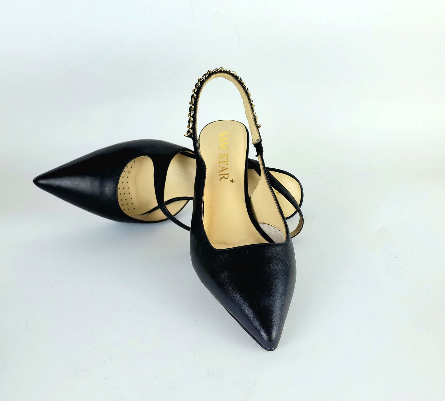 SS24002 Leather court shoes sling back with chain detail - Black ladies shoes Sam Star shoes