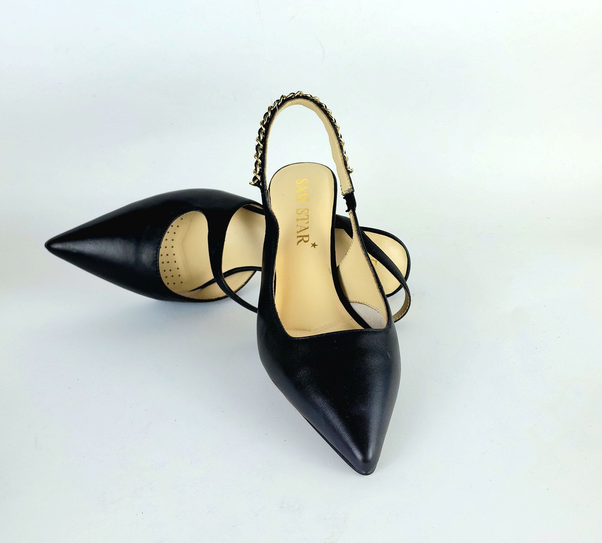 SS24002 Leather court shoes sling back with chain detail - Black ladies shoes Sam Star shoes