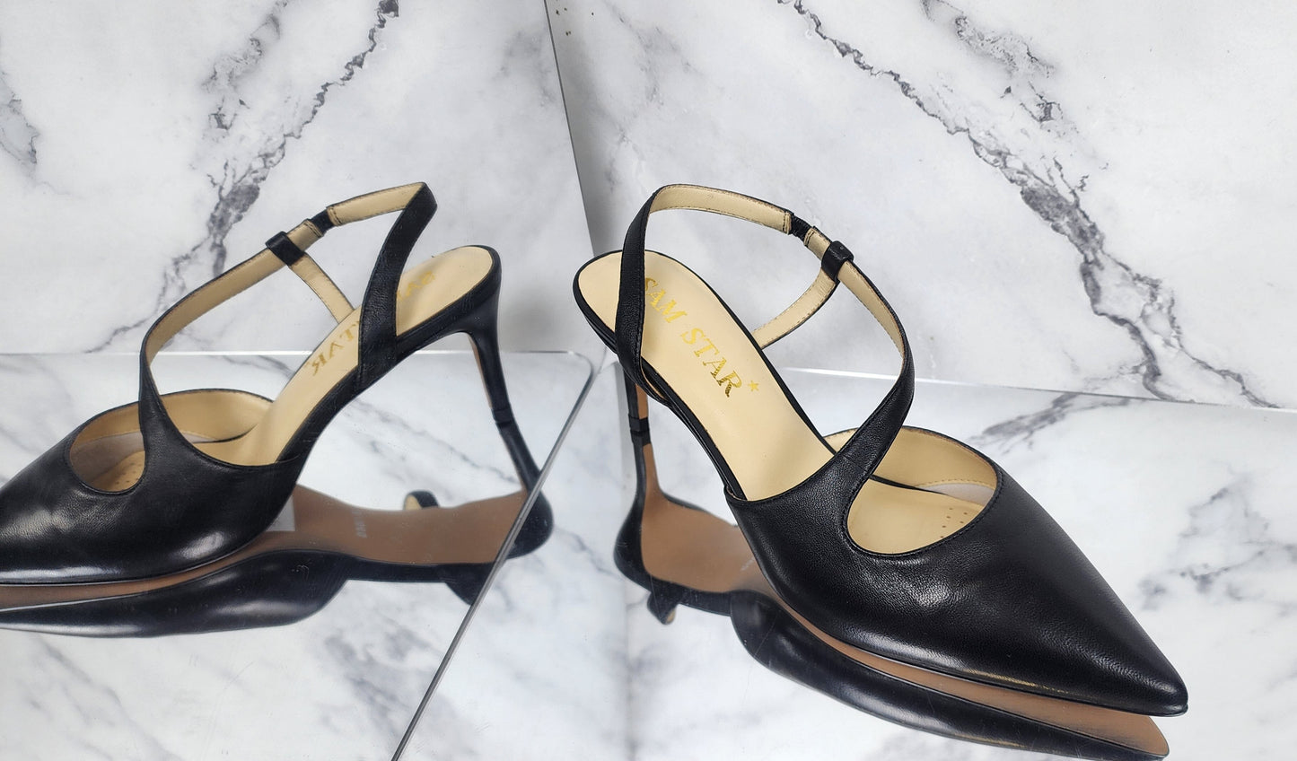 SS24004 Leather court shoes in sling back heel in Black and silver ladies shoes Sam Star shoes