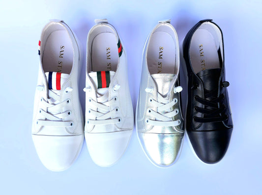 SS24007 Genuine leather sneakers with cushions - White, Black and Silver sneakers Sam Star Shoes