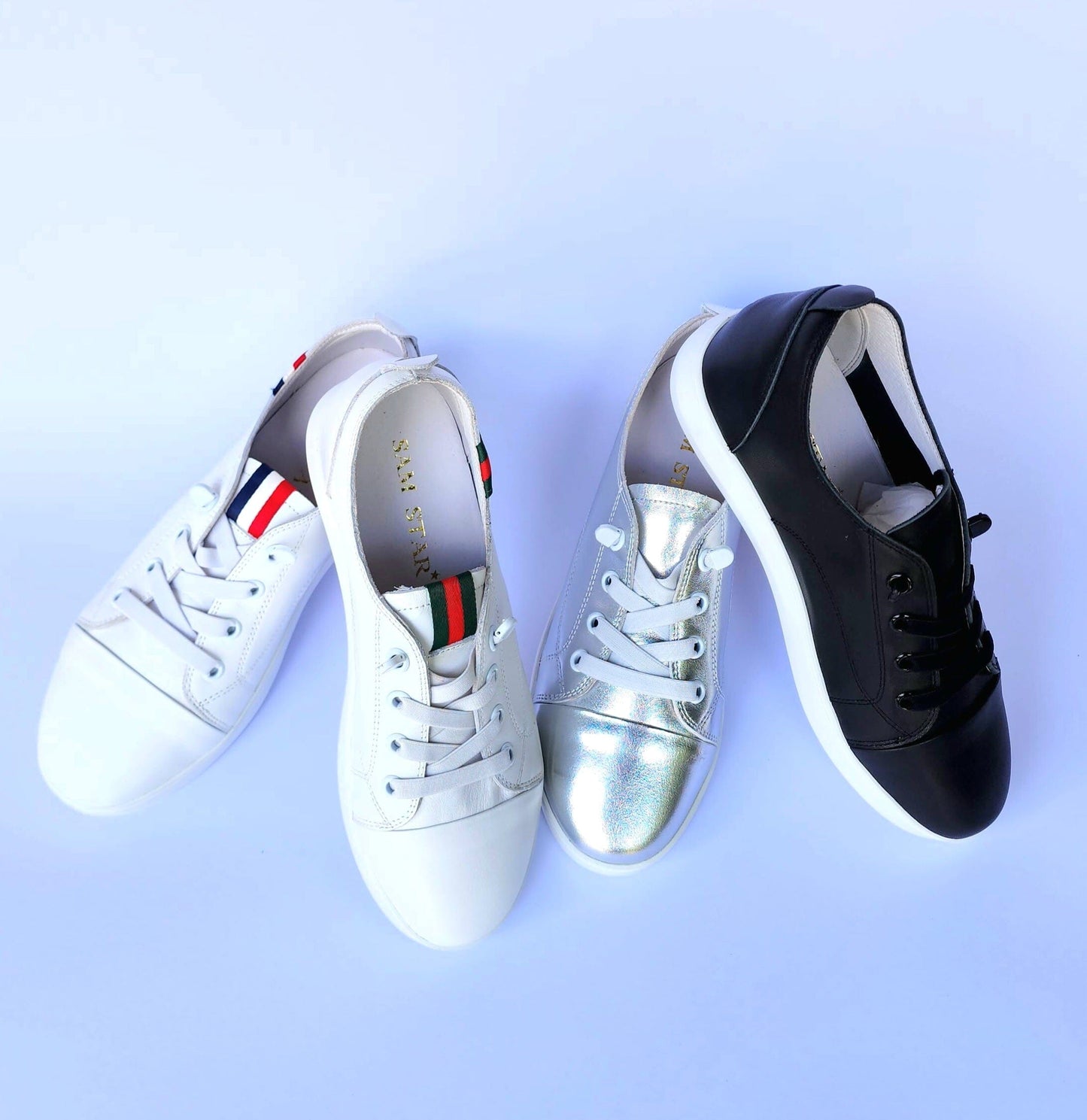 SS24007 Genuine leather sneakers with cushions - White, Black and Silver sneakers Sam Star Shoes