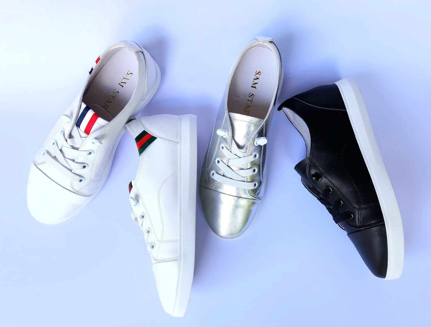 SS24007 Genuine leather sneakers with cushions - White, Black and Silver sneakers Sam Star Shoes
