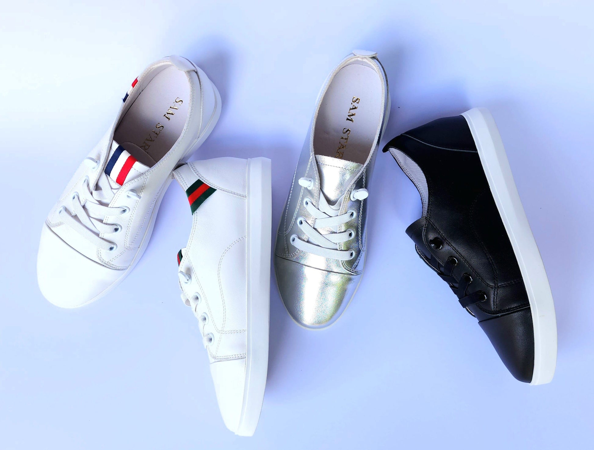 SS24007 Genuine leather sneakers with cushions - White, Black and Silver sneakers Sam Star Shoes