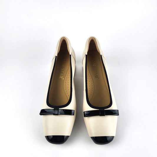 SS26005 Leather pumps with bow in block heel in Black and White (New) Pumps Sam Star shoes