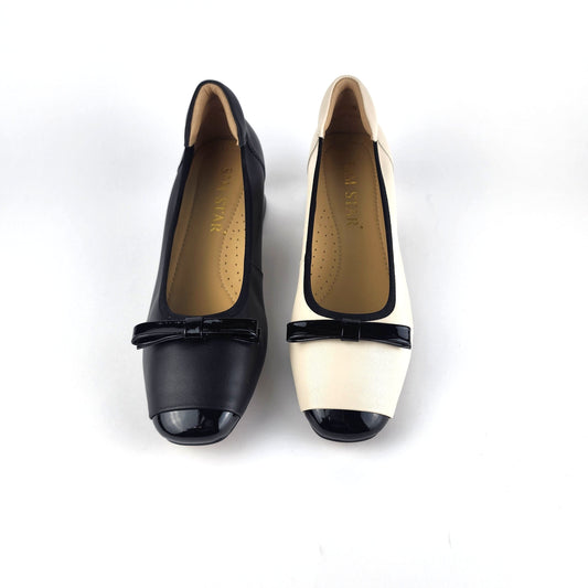 SS26005 Leather pumps with bow in block heel in Black and White (New) Pumps Sam Star shoes