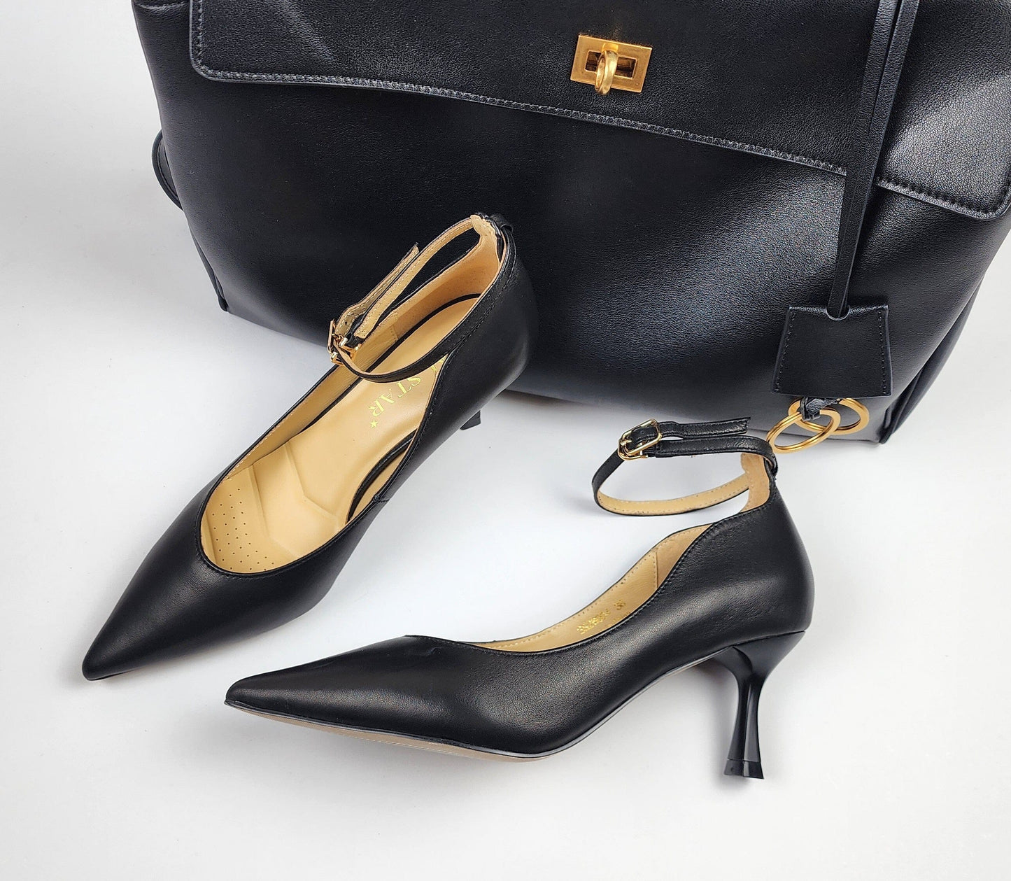 SS26004 Leather court shoes with ankle straps in Black and Pale pink (New) ladies shoes Sam Star Shoes