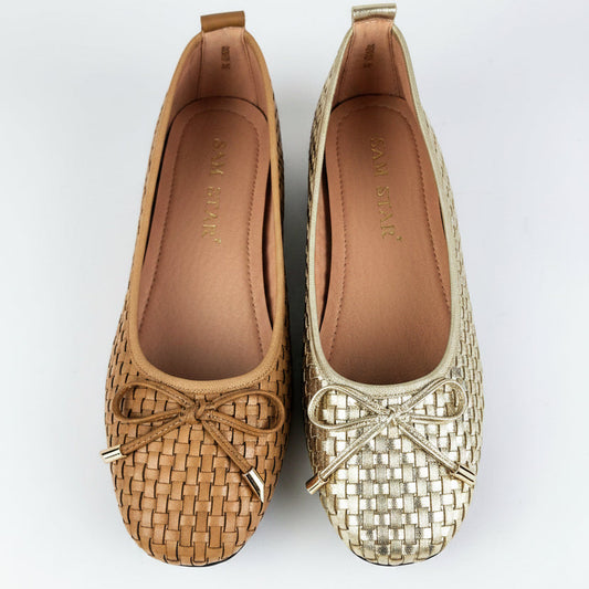 SS26013 Leather woven pumps in Tan and Gold (New) Pumps Sam Star shoes