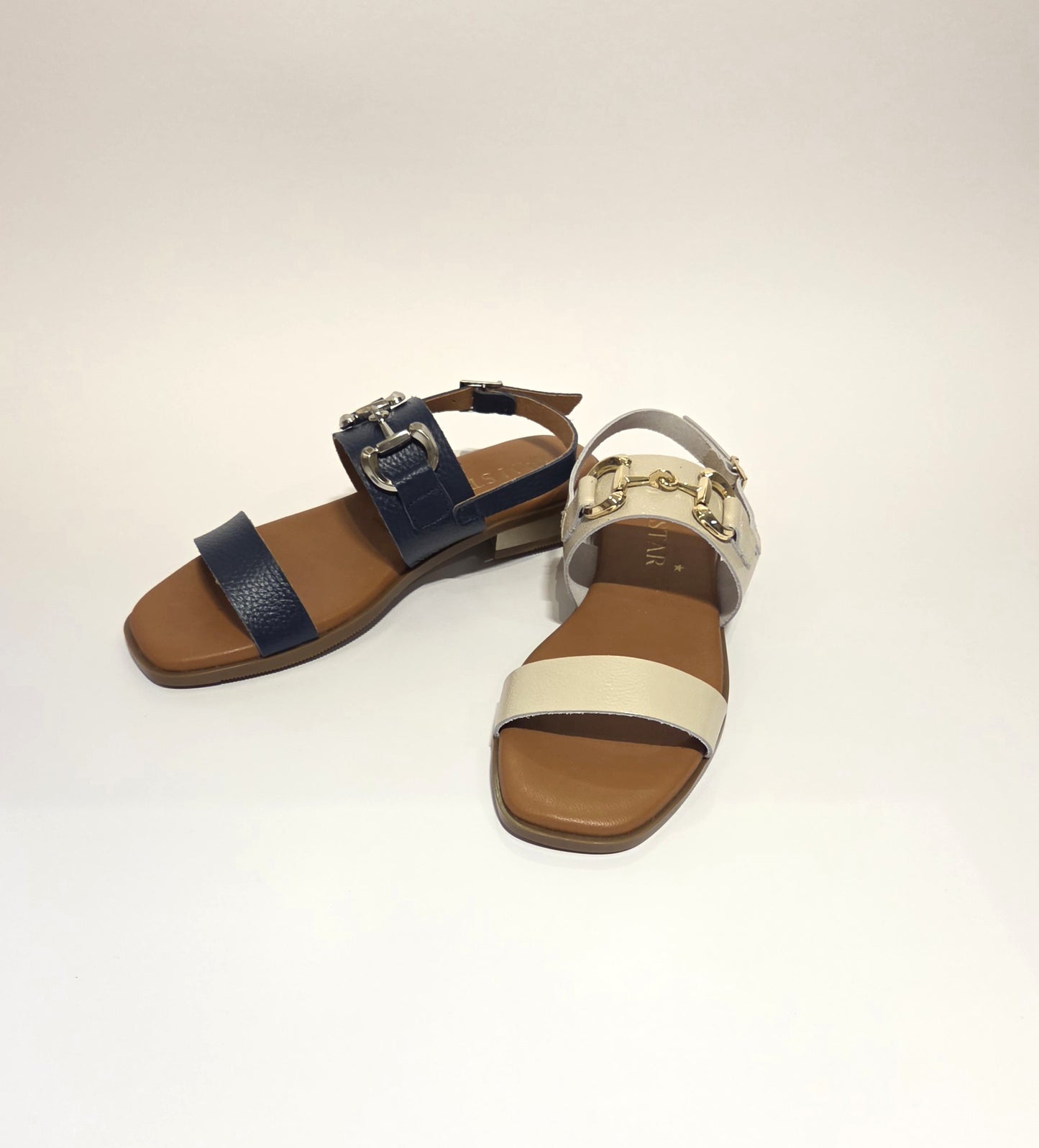 5873 Spanish leather sandals with gold buckle in Navy and white (New)