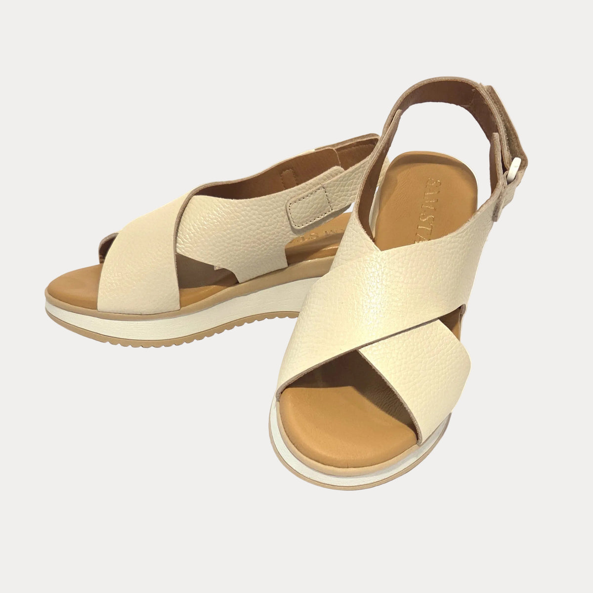 5943 Spanish leather crossed strap sandals in off white and Black (New) sandals Sam Star Shoes