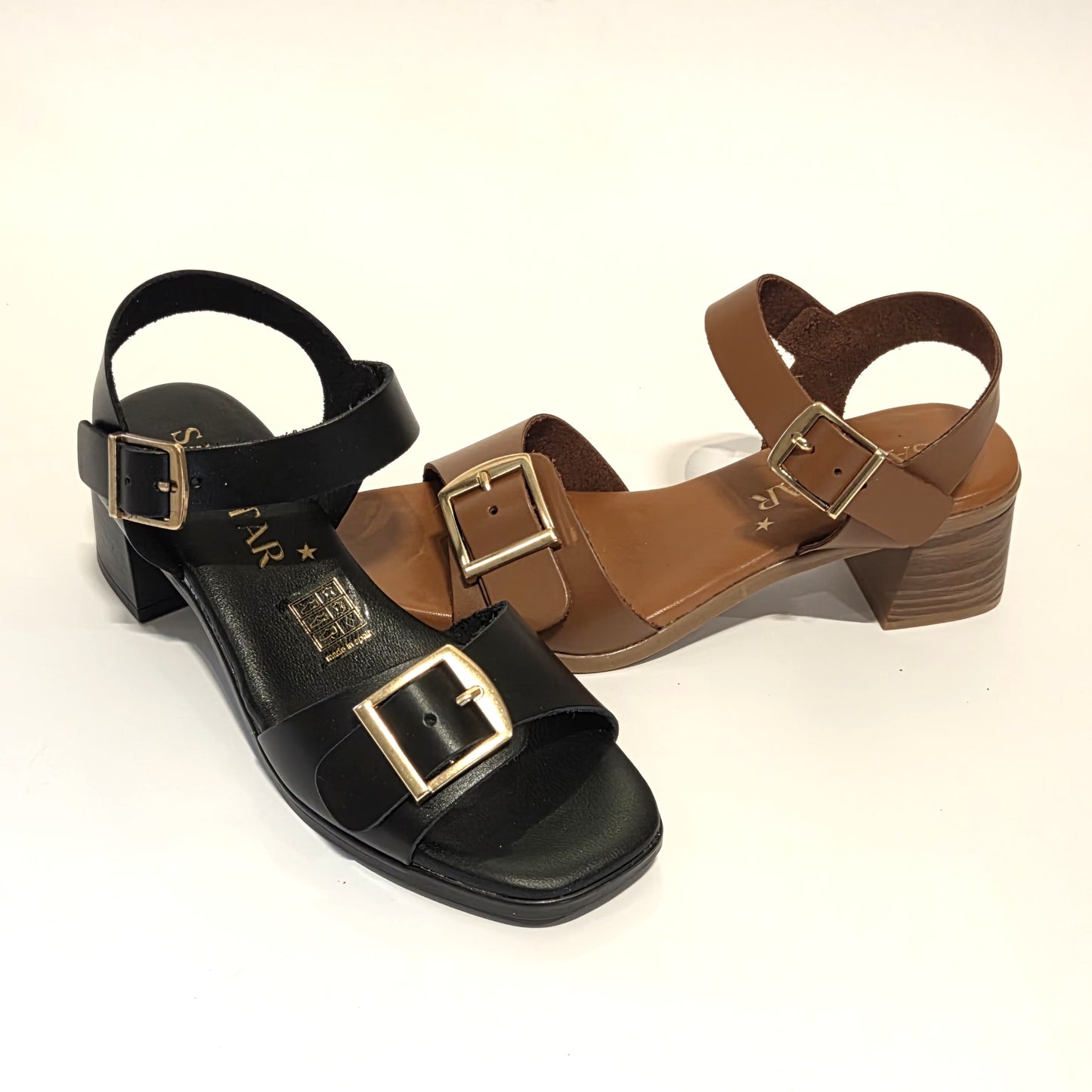 6003 Spanish leather strappy sandals with buckles in Black and Brown (New)