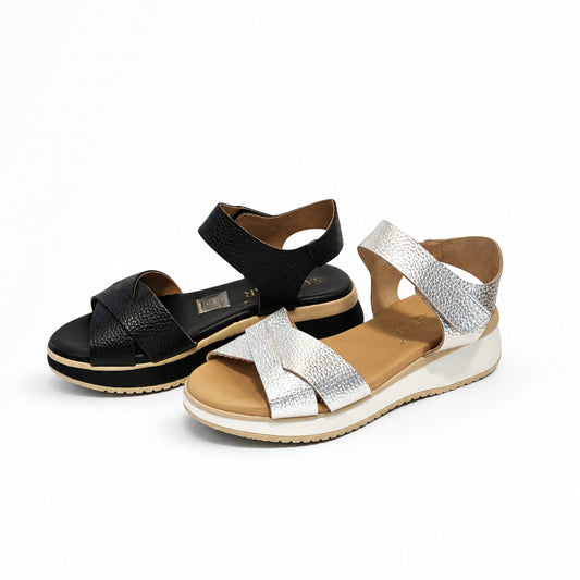 5944 Spanish leather Sport delux wedge with velcro in silver and black (New) sandals Sam Star Shoes