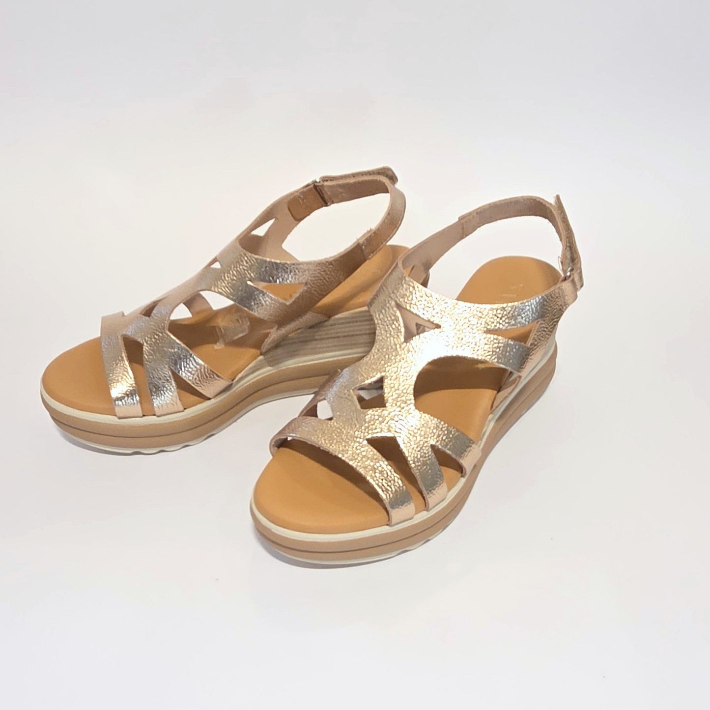 5992 Spanish laser cut leather wedge with cushion inside in champaign & white (New) sandals Sam Star Shoes