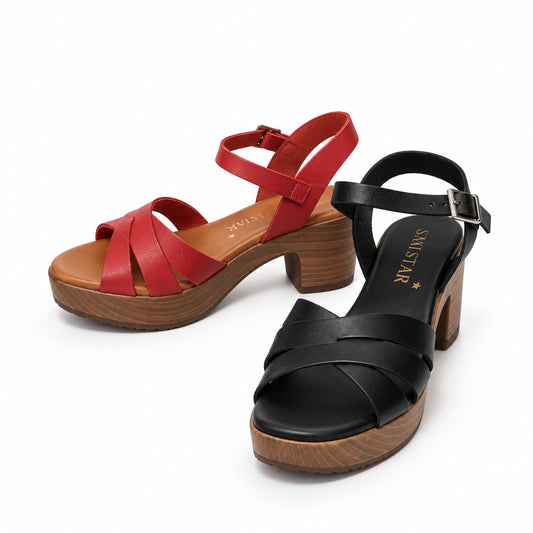 5923 Spanish leather strappy sandals with block heel in Red and Black (New) sandals Sam Star Shoes