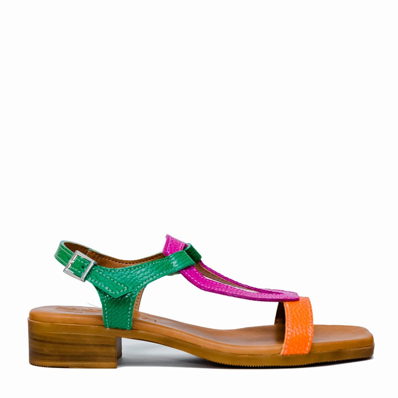 5168 Spanish leather multi colour flat sandals with cushion inside in PInk.Green.Orange sandals Sam Star Shoes Pink/Orange/Green 38/5