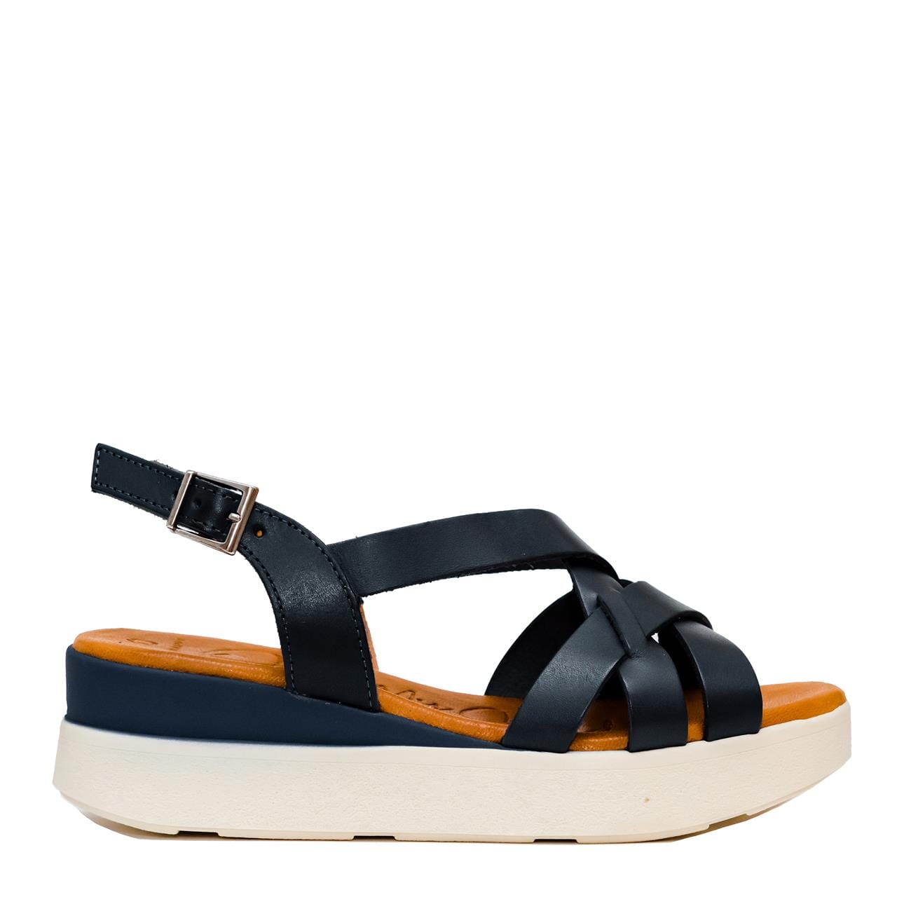 5188 Spanish leather crossed strappy sandals/wedge in Tan and Navy sandals Sam Star Shoes
