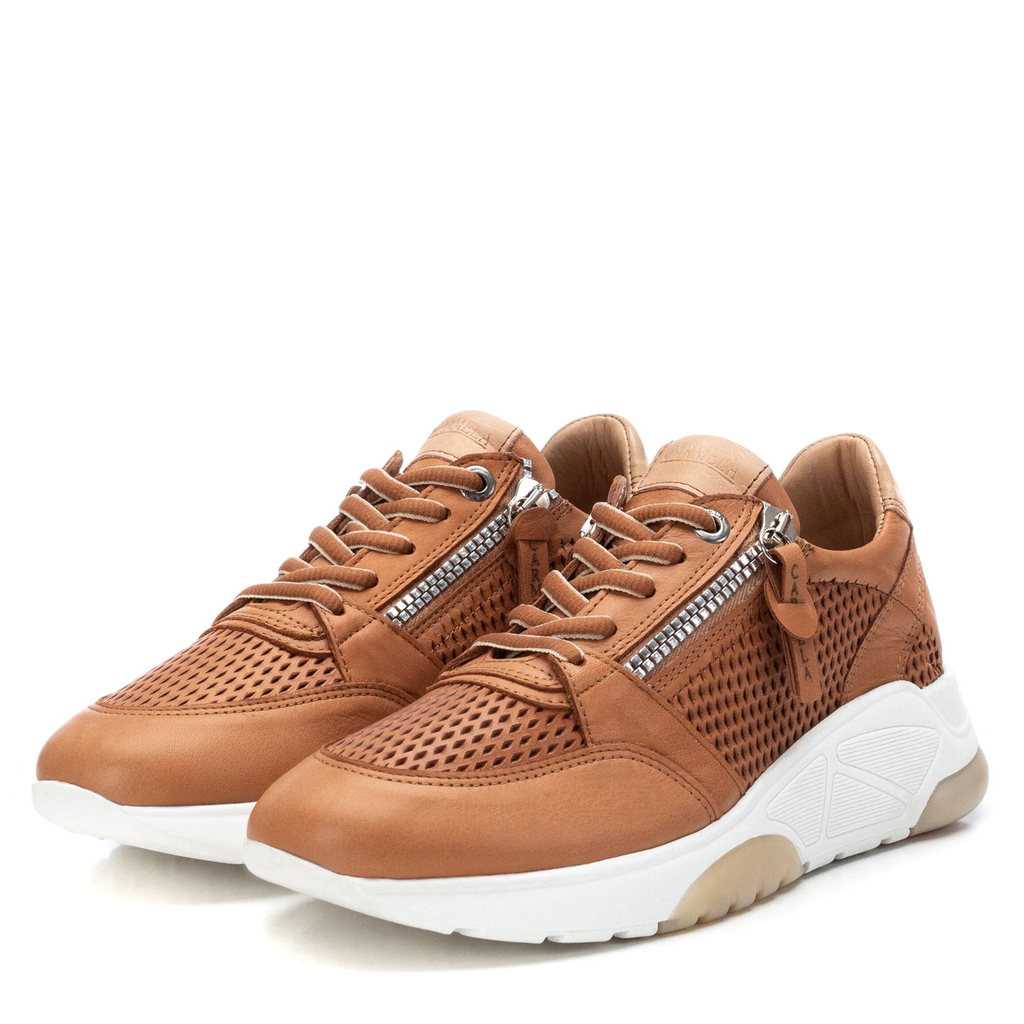 68247 Spanish Collection genuine leather sneakers with laser cut detail and zips sneakers Sam Star shoes Tan 37