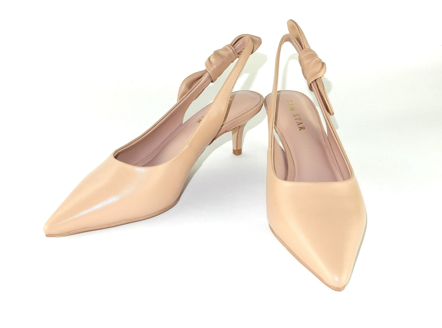 SS23006 Leather court shoes with sling back design (removable bow) Black and Beige ladies shoes Sam Star shoes