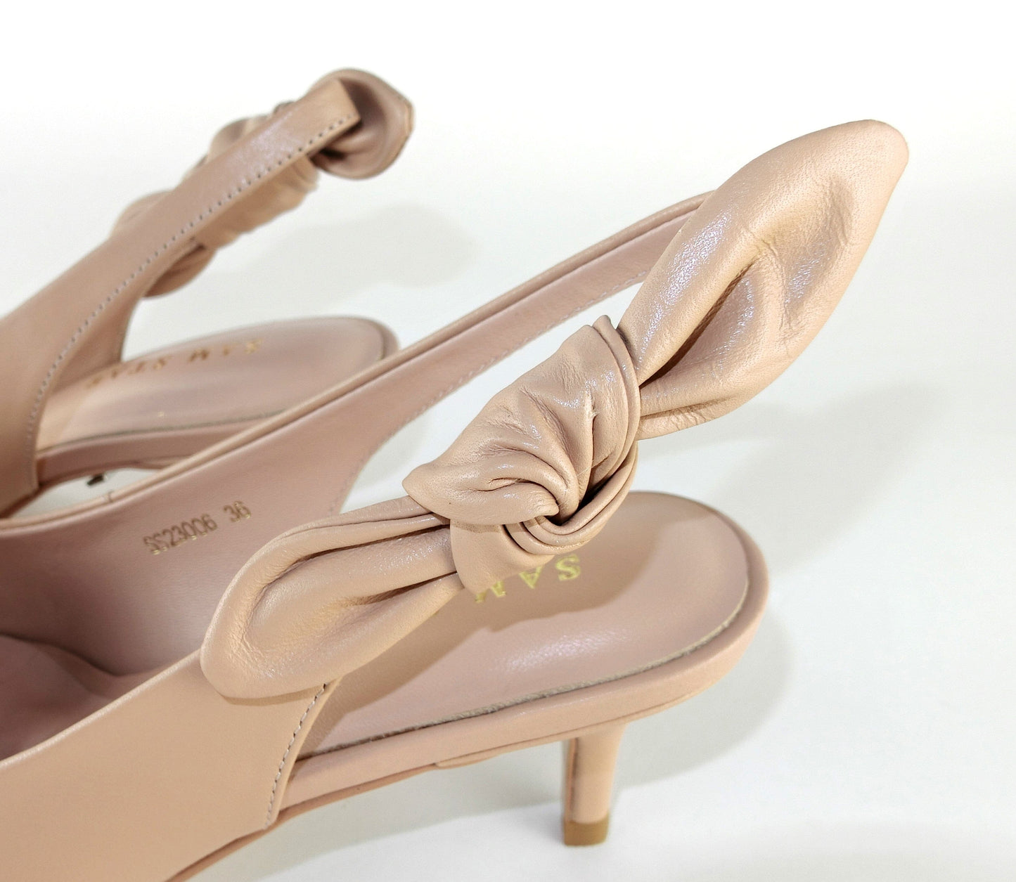 SS23006 Leather court shoes with sling back design (removable bow) Black and Beige ladies shoes Sam Star shoes