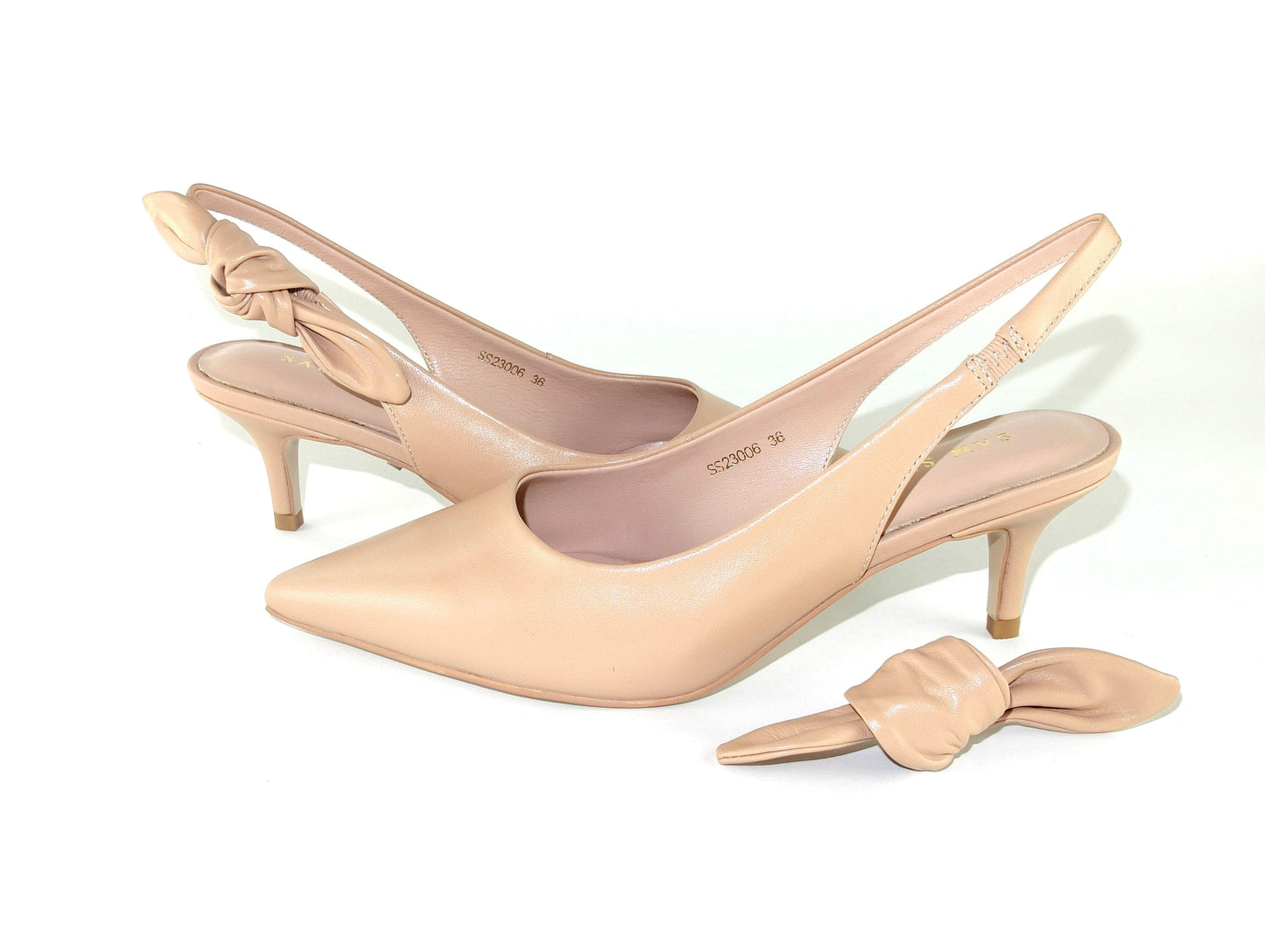 SS23006 Leather court shoes with sling back design (removable bow) Black and Beige ladies shoes Sam Star shoes