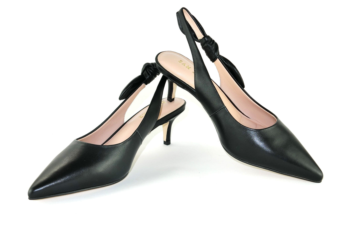SS23006 Leather court shoes with sling back design (removable bow) Black and Beige ladies shoes Sam Star shoes Black 37/4