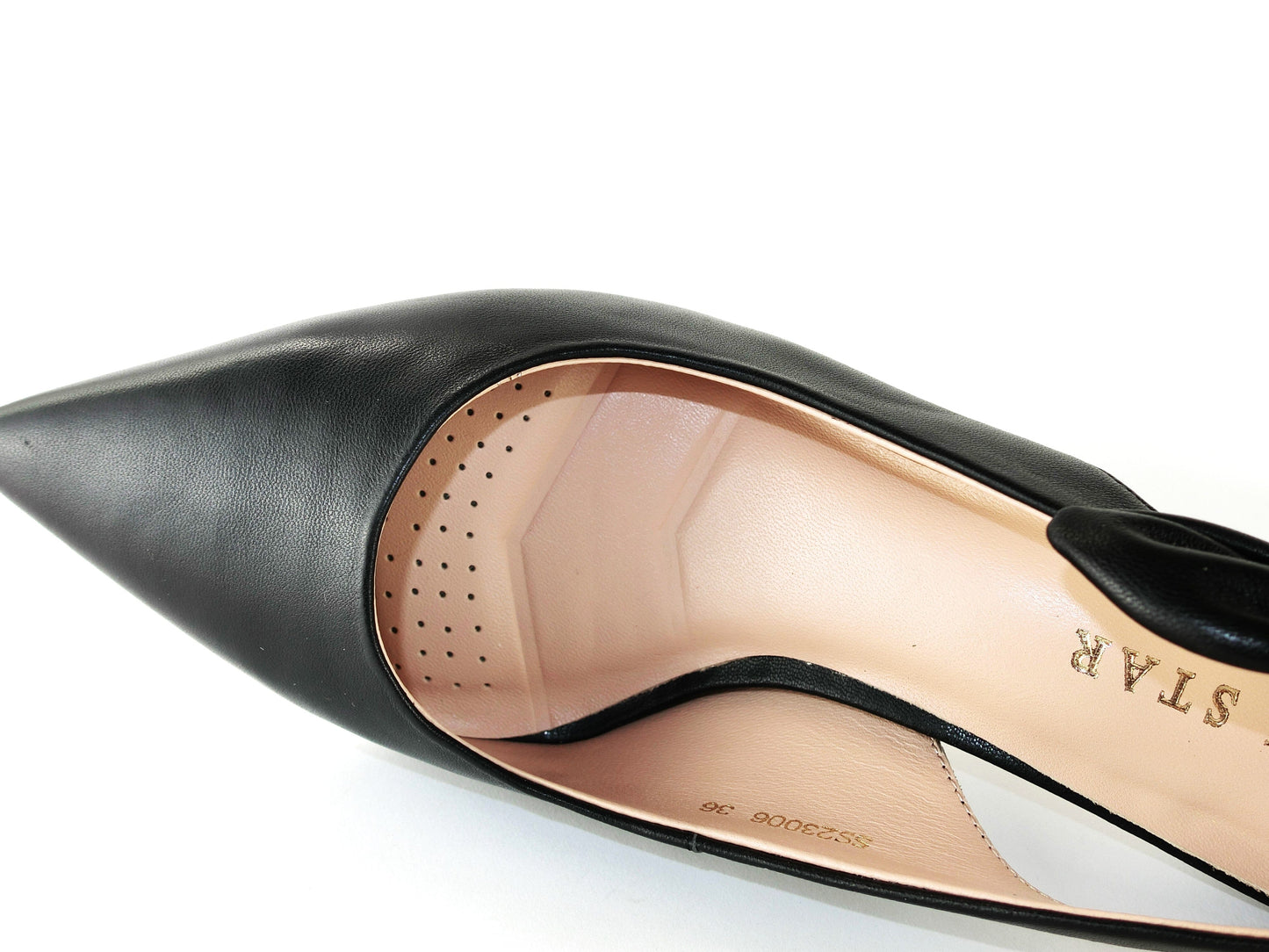 SS23006 Leather court shoes with sling back design (removable bow) Black and Beige ladies shoes Sam Star shoes