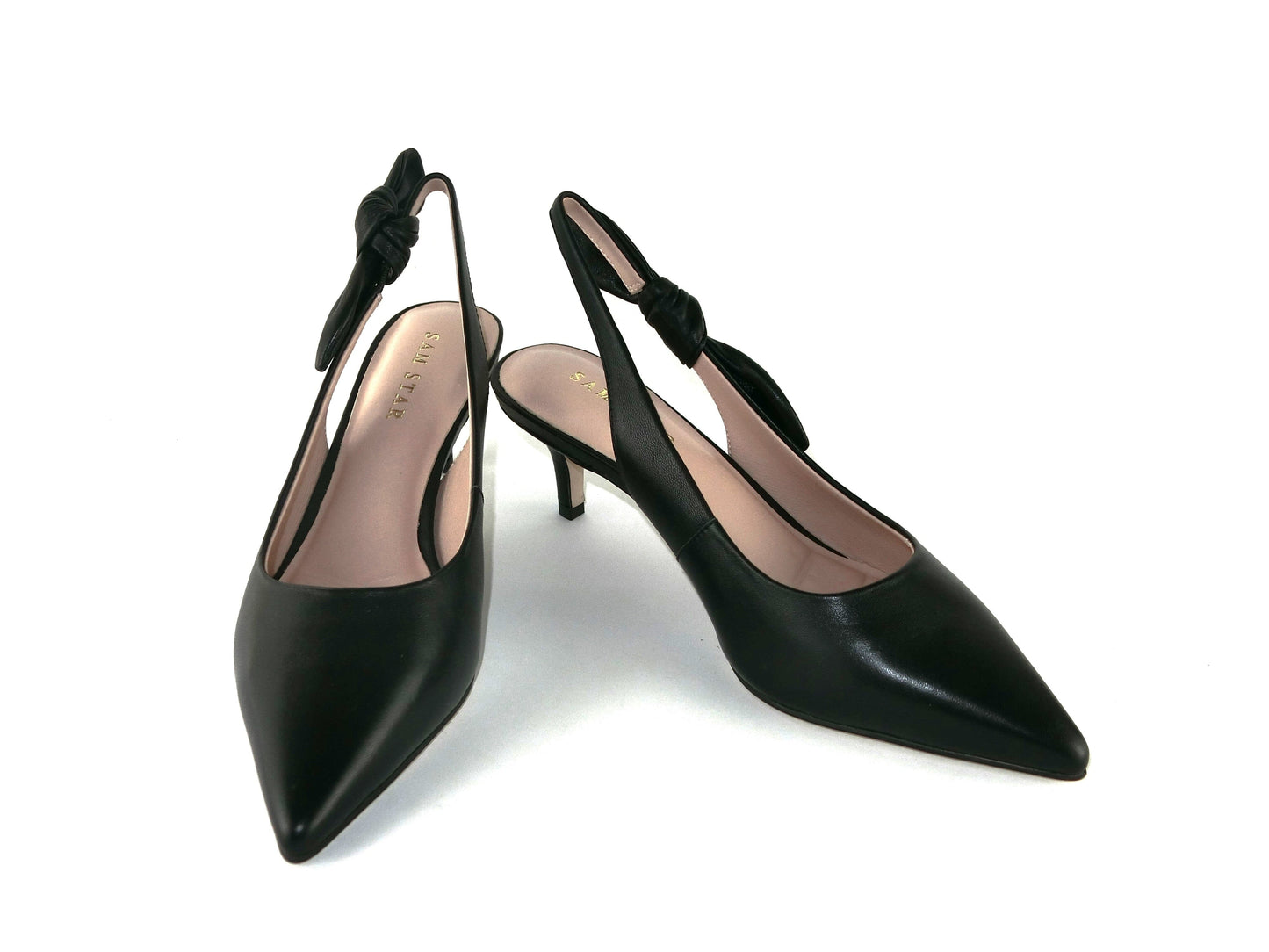 SS23006 Leather court shoes with sling back design (removable bow) Black and Beige ladies shoes Sam Star shoes