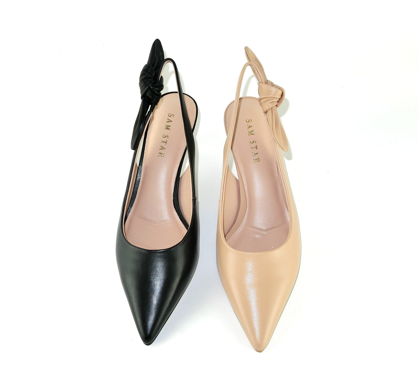 SS23006 Leather court shoes with sling back design (removable bow) Black and Beige ladies shoes Sam Star shoes