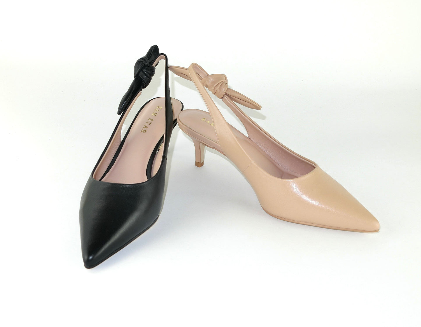 SS23006 Leather court shoes with sling back design (removable bow) Black and Beige ladies shoes Sam Star shoes