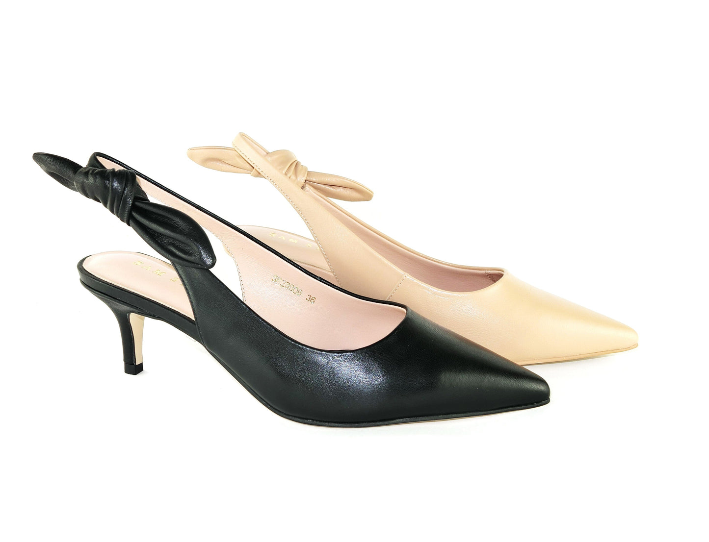 SS23006 Leather court shoes with sling back design (removable bow) Black and Beige ladies shoes Sam Star shoes