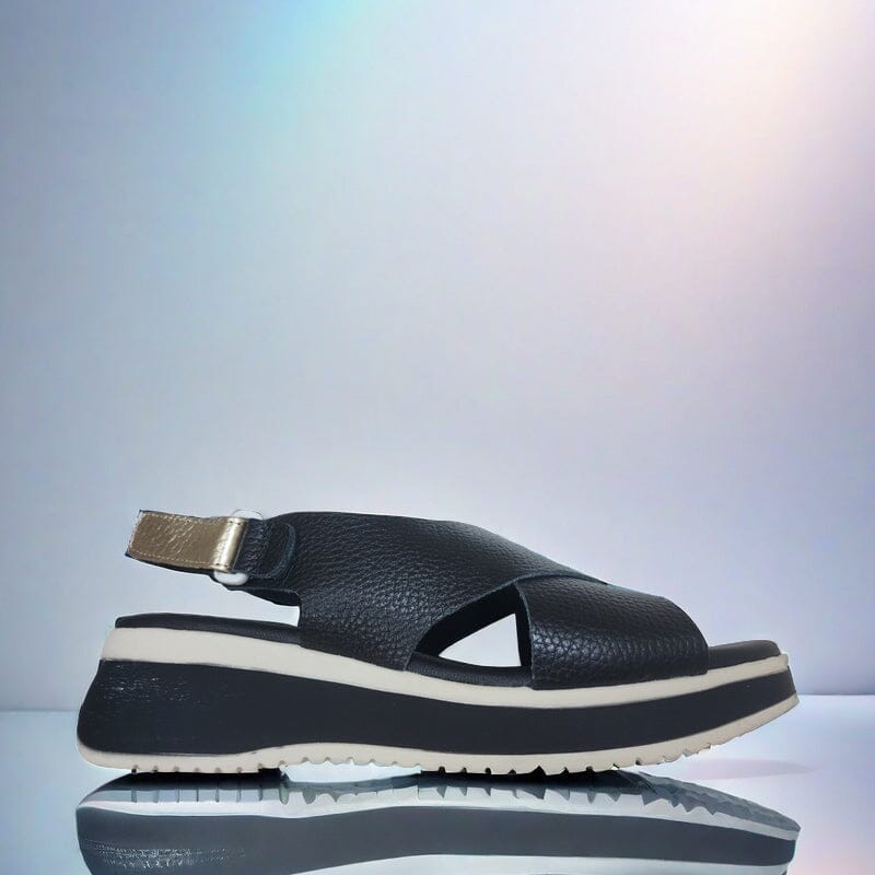 5412 Spanish leather crossed strap sandals/wedge in Tan and Black sandals Sam Star Shoes