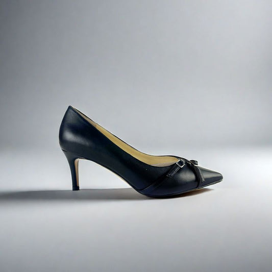 SS24005 Leather court shoes with small buckles in Black and Tan ladies shoes Sam Star shoes