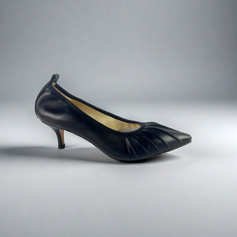 SS24003 Leather court shoes with gathering detail with elastic in Black ladies shoes Sam Star shoes
