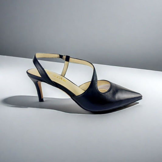 SS24004 Leather court shoes in sling back heel in Black and silver ladies shoes Sam Star shoes