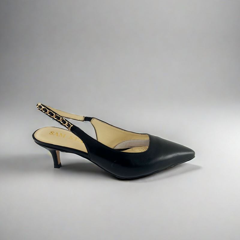 SS24002 Leather court shoes sling back with chain detail - Black ladies shoes Sam Star shoes