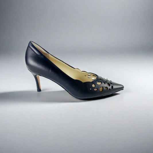 SS23008 Laser Cut Leather Court Shoes with extra cushion in Black ladies shoes Sam Star Shoes